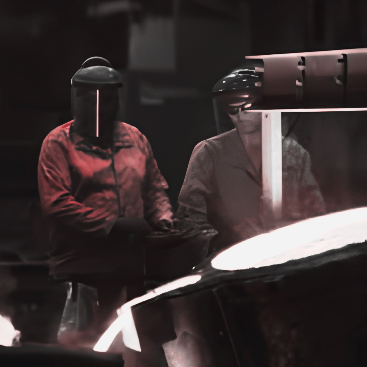 Foundry workers pouring molten metal